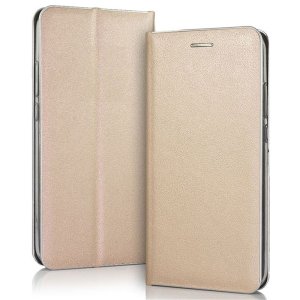 CUSTODIA per SAMSUNG GALAXY A40 (SM-A405) - FLIP ORIZZONTALE SIMILPELLE CHIUSURA MAGNETICA INVISIBILE ORO CON BORDO SILVER