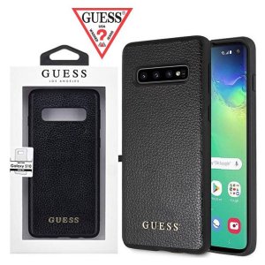 CUSTODIA per SAMSUNG GALAXY S10 (SM-G973) BACK RIGIDA IN SIMILPELLE COLORE NERO CON SCRITTA GUESS IN METALLO ORO BLISTER