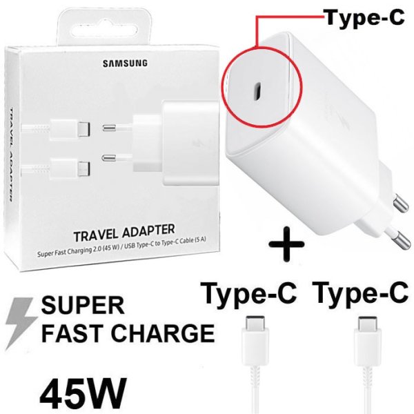 CARICATORE DA RETE 45W ORIGINALE SAMSUNG CON 1 PORTA TYPE-C (SUPER FAST CHARGING) + CAVO TYPE-C/TYPE-C BIANCO EP-TA845XWEGWW CARICATORE DA RETE 45W ORIGINALE SAMSUNG CON 1 PORTA TYPE-C (SUPER FAST CHARGING) + CAVO TYPE-C/TYPE-C BIANCO EP-TA845XWEGWW