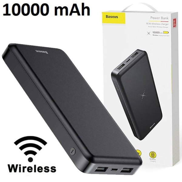 POWER BANK 10.000 mAh WIRELESS CON 2 PORTE USB (1000 E 2100mAh) COLORE NERO M36 BASEUS BLISTER