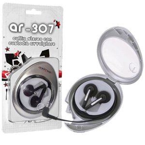 AURICOLARE STEREO PER DISPOSITIVI CON ATTACCO JACK 3,5MM E CUSTODIA AVVOLGITORE DEL FILO COLORE NERO IRRADIO BLISTER