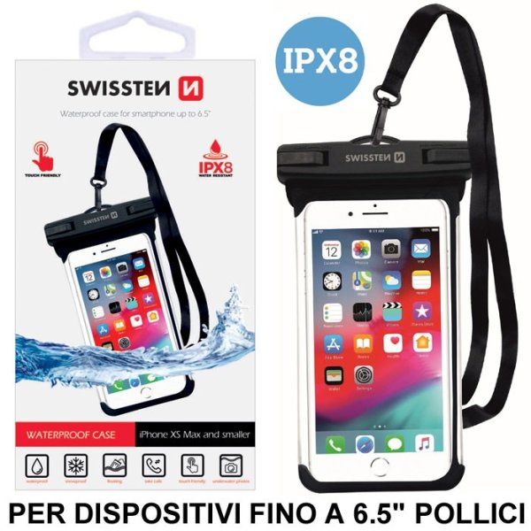 CUSTODIA A SACCHETTO SUBACQUEA IPX8 SWISSTEN 32900800 PER DISPOSITIVI CON DIMENSIONI MASSIME: 18x9.5cm COLORE NERO CUSTODIA A SACCHETTO SUBACQUEA IPX8 SWISSTEN 32900800 PER DISPOSITIVI CON DIMENSIONI MASSIME: 18x9.5cm COLORE NERO