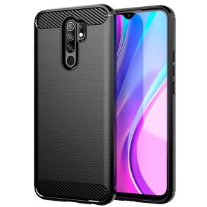 CUSTODIA per XIAOMI REDMI 9 - IN GEL TPU SILICONE EFFETTO METALLICO CON INSERTI IN FANTASIA CARBONIO COLORE NERO