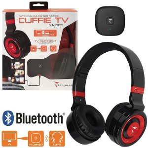 CUFFIA A FASCIA BLUETOOTH 4.2 PER TV CON DISPOSITIVO DI CONNESSIONE E RAGGIO D'AZIONE FINO A 10 MT COLORE NERO E ROSSO TECHMADE