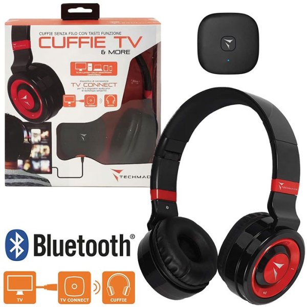 CUFFIA A FASCIA BLUETOOTH 4.2 PER TV CON DISPOSITIVO DI CONNESSIONE E RAGGIO D'AZIONE FINO A 10 MT COLORE NERO E ROSSO TECHMADE