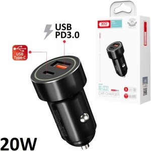 CARICATORE AUTO 20W CON 1 PORTA TYPE-C (PD3.0) + 1 PORTA USB (QUICK CHARGE 3.0) CORPO IN METALLO COLORE NERO XO CC32 BLISTER