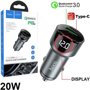 CARICATORE AUTO 20W CON 1 PORTA TYPE-C (PD20W) + 1 PORTA USB (QUICK CHARGE 3.0) IN METALLO CON DISPLAY COLORE GRIGIO Z42 HOCO