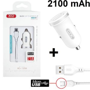 CARICATORE AUTO MINI 2100mAh CON 2 PORTE USB + CAVO MICRO USB LUNGHEZZA 1 MT COLORE BIANCO XO TZ08 BLISTER