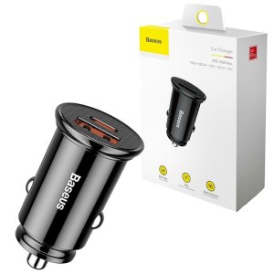 CARICATORE AUTO MINI 30W CON 1 PORTA TYPE-C (PD3.0) + 1 PORTA USB (QUICK CHARGE 4.0) COLORE NERO BASEUS CCALL-YS01 BLISTER