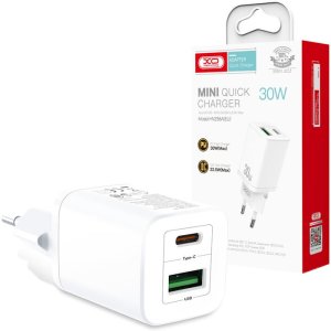 CARICATORE DA RETE 30W CON 1 PORTA TYPE-C (PD3.0)+ 1 PORTA USB (QUICK CHARGE 3.0) COLORE BIANCO HN238A XO BLISTER