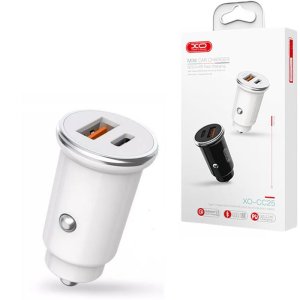 CARICATORE AUTO 18W CON 1 PORTA TYPE-C (PD3.0) + 1 PORTA USB (QUICK CHARGE 3.0) CORPO IN METALLO COLORE BIANCO XO CC25 BLISTER