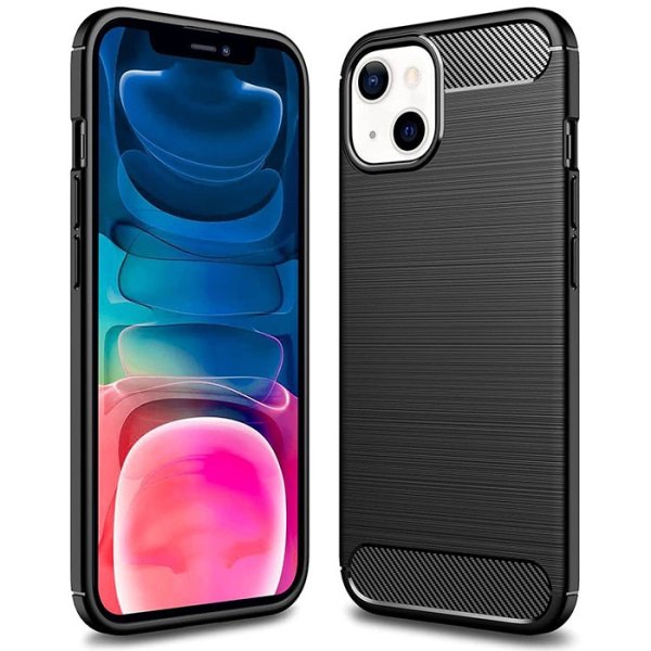 CUSTODIA per APPLE IPHONE 13 MINI (5.4") IN GEL TPU EFFETTO METALLICO CON INSERTI IN FANTASIA CARBONIO COLORE NERO CUSTODIA per APPLE IPHONE 13 MINI (5.4") IN GEL TPU EFFETTO METALLICO CON INSERTI IN FANTASIA CARBONIO COLORE NERO