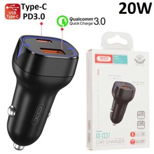 CARICATORE AUTO 20W CON 1 PORTA TYPE-C (PD3.0) + 1 PORTA USB (QUICK CHARGE 3.0) COLORE NERO XO CC37 BLISTER