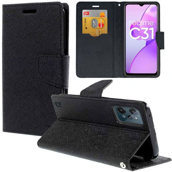 CUSTODIA per REALME C31 - FLIP ORIZZONTALE CON STAND, INTERNO IN TPU SILICONE E PORTA CARTE COLORE NERO CUSTODIA per REALME C31 - FLIP ORIZZONTALE CON STAND, INTERNO IN TPU SILICONE E PORTA CARTE COLORE NERO