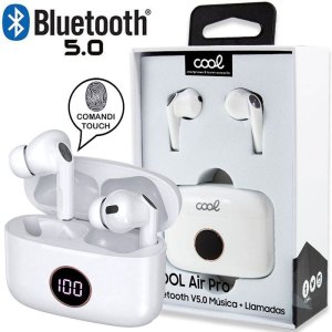 AURICOLARI BLUETOOTH 5.0 CON INDICATORE DELLA CARICA RESIDUA DEL CASE E COMANDI TOUCH COLORE BIANCO COOL AIR PRO BLISTER