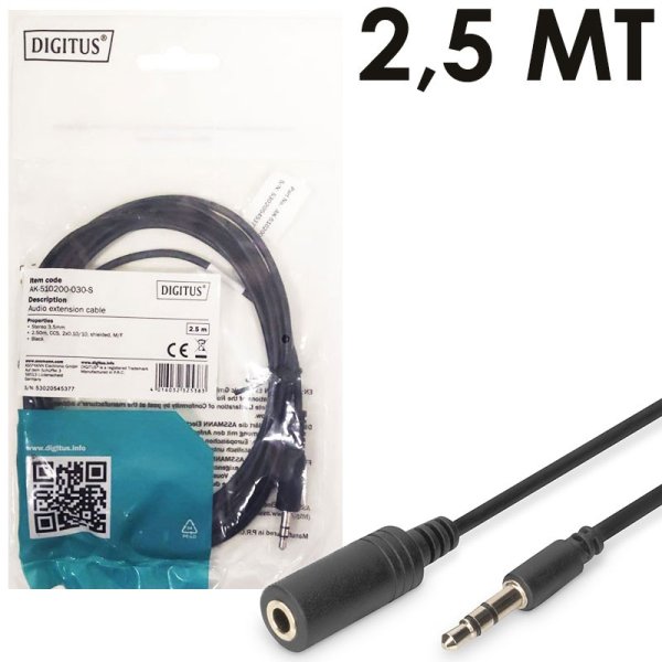 PROLUNGA AUDIO STEREO JACK 3,5mm MASCHIO / 3,5mm FEMMINA - LUNGHEZZA 2,5 METRI COLORE NERO DIGITUS AK-510200-030-S PROLUNGA AUDIO STEREO JACK 3,5mm MASCHIO / 3,5mm FEMMINA - LUNGHEZZA 2,5 METRI COLORE NERO DIGITUS AK-510200-030-S
