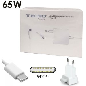 CARICATORE DA RETE UNIVERSALE 65W CON CONNETTORE TYPE-C per NOTEBOOK, MACBOOK, TABLET E PC - COLORE BIANCO TC-7050 TECNO