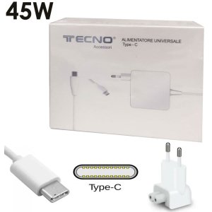 CARICATORE DA RETE UNIVERSALE 45W CON CONNETTORE TYPE-C per NOTEBOOK, MACBOOK, TABLET E PC - COLORE BIANCO TC-7045 TECNO