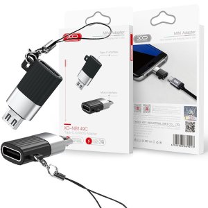 ADATTATORE DA MICRO USB MASCHIO A TYPE-C FEMMINA 2.4A CON LACCETTO DI SICUREZZA RIMOVIBILE COLORE NERO E SILVER XO-NB149C XO