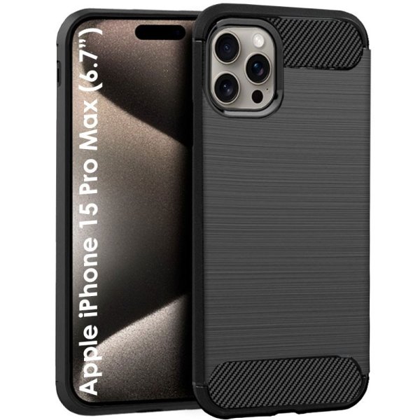 CUSTODIA per APPLE IPHONE 15 PRO MAX (6.7") IN GEL TPU EFFETTO METALLICO CON INSERTI IN FANTASIA CARBONIO COLORE NERO CUSTODIA per APPLE IPHONE 15 PRO MAX (6.7") IN GEL TPU EFFETTO METALLICO CON INSERTI IN FANTASIA CARBONIO COLORE NERO