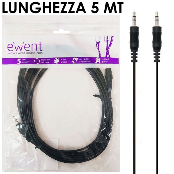 CAVO AUDIO JACK STEREO 3,5mm MASCHIO / MASCHIO LUNGHEZZA CAVO 5 Mt. COLORE NERO EC1608 EWENT CAVO AUDIO JACK STEREO 3,5mm MASCHIO / MASCHIO LUNGHEZZA CAVO 5 Mt. COLORE NERO EC1608 EWENT