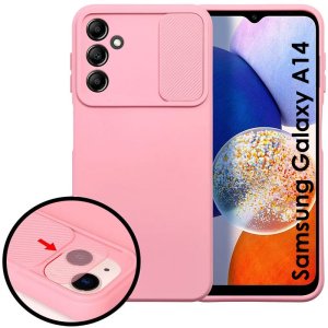 CUSTODIA per SAMSUNG GALAXY A14 (4G/5G) IN SILICONE CON SLOT PER FOTOCAMERA SCORREVOLE E INTERNO IN MICROFIBRA ROSA
