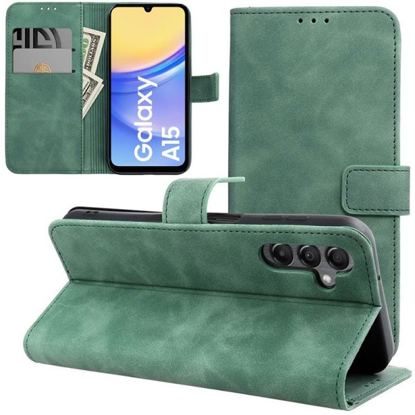CUSTODIA per SAMSUNG GALAXY A15 (4G/5G) FLIP ORIZZONTALE IN ECOPELLE CON INTERNO IN TPU, PORTA CARTE E CHIUSURA MAGNETICA VERDE CUSTODIA per SAMSUNG GALAXY A15 (4G/5G) FLIP ORIZZONTALE IN ECOPELLE CON INTERNO IN TPU, PORTA CARTE E CHIUSURA MAGNETICA VERDE