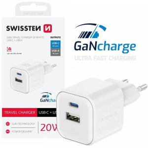 CARICATORE DA RETE 20W CON 1 PORTA TYPE-C + 1 PORTA USB CON TECNOLOGIA GAN BIANCO CON DIMENSIONI COMPATTE 22071100 SWISSTEN