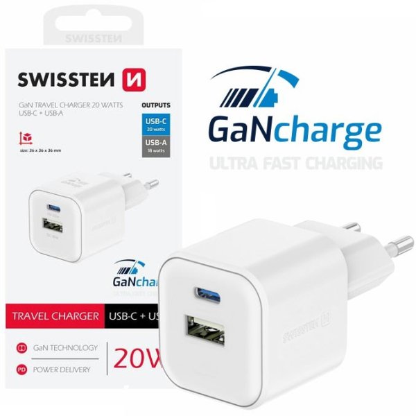 CARICATORE DA RETE 20W CON 1 PORTA TYPE-C + 1 PORTA USB CON TECNOLOGIA GAN BIANCO CON DIMENSIONI COMPATTE 22071100 SWISSTEN CARICATORE DA RETE 20W CON 1 PORTA TYPE-C + 1 PORTA USB CON TECNOLOGIA GAN BIANCO CON DIMENSIONI COMPATTE 22071100 SWISSTEN