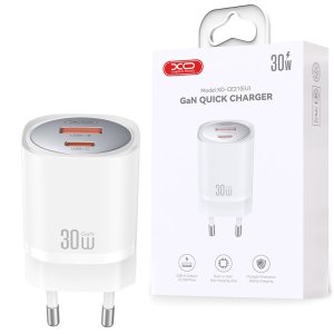 CARICATORE DA RETE 30W CON 1 PORTA TYPE-C + 1 PORTA USB CON TECNOLOGIA GAN COLORE BIANCO XO-CE21
