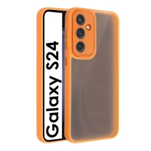 CUSTODIA per SAMSUNG GALAXY S24 - RIGIDA CON CORNICE IN TPU, PROTEZIONE FOTOCAMERE E DETTAGLI CROMATI COLORE ARANCIONE