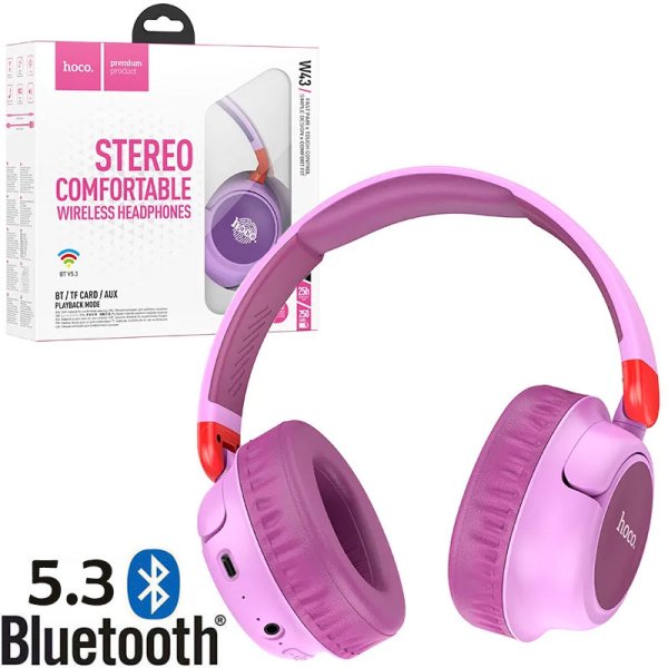 CUFFIA BLUETOOTH 5.3 - PADIGLIONI RIPIEGABILI, FASCIA REGOLABILE, MICROFONO INTEGRATO E SLOT SCHEDE TF E AUX ROSA W43 HOCO