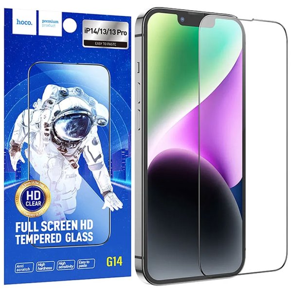PELLICOLA per APPLE IPHONE 16E, IPHONE 13, IPHONE 13 PRO, IPHONE 14 - VETRO TEMPERATO FULL FACE CON CORNICE NERA HOCO