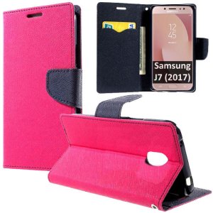 CUSTODIA per SAMSUNG GALAXY J7 (2017) - FLIP ORIZZONTALE CON STAND, INTERNO IN TPU SILICONE E PORTA CARTE COLORE FUCSIA