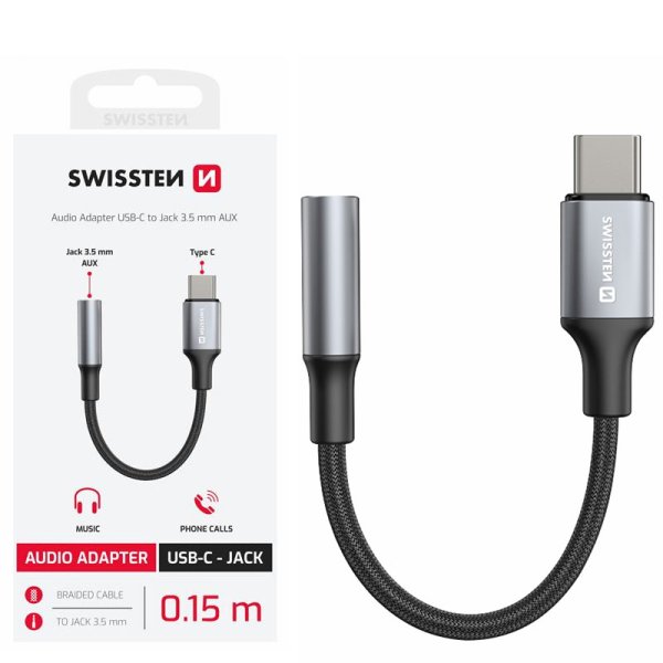 ADATTATORE DA TYPE-C MASCHIO A JACK 3,5mm FEMMINA per DISPOSITIVI CON ENTRATA TYPE-C CAVO IN TESSUTO 15CM NERO 73502311 SWISSTEN ADATTATORE DA TYPE-C MASCHIO A JACK 3,5mm FEMMINA per DISPOSITIVI CON ENTRATA TYPE-C CAVO IN TESSUTO 15CM NERO 73502311 SWISSTEN