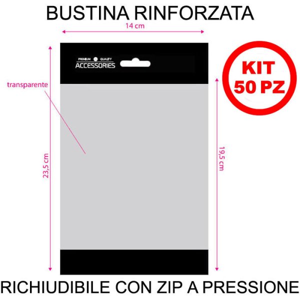 BUSTINA IN PLASTICA RINFORZATA CON ZIP A PRESSIONE - DIMENSIONI 23,5 X 14 CM - TRASPARENTE CON BANDE NERE KIT 50 PEZZI BUSTINA IN PLASTICA RINFORZATA CON ZIP A PRESSIONE - DIMENSIONI 23,5 X 14 CM - TRASPARENTE CON BANDE NERE KIT 50 PEZZI