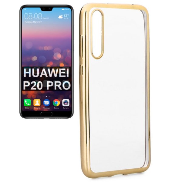 CUSTODIA per HUAWEI P20 PRO IN GEL TPU SILICONE TRASPARENTE CON CORNICE COLORE ORO CUSTODIA per HUAWEI P20 PRO IN GEL TPU SILICONE TRASPARENTE CON CORNICE COLORE ORO