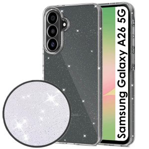 CUSTODIA per SAMSUNG GALAXY A26 5G (SM-A266) IN GEL TPU SILICONE 2mm TRASPARENTE CON GLITTER