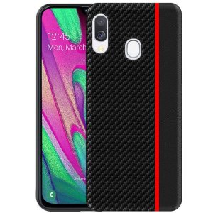 CUSTODIA per SAMSUNG GALAXY A40 (SM-A405) IN GEL TPU SILICONE COLORE NERO EFFETTO CARBONIO CON INSERTO ROSSO