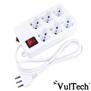 CIABATTA MULTIPRESA con 6 PRESE BIPASSO/SCHUKO 10/16A, TASTO ON/OFF E PROTEZIONE OVERLOAD COLORE BIANCO MU-03 VULTECH