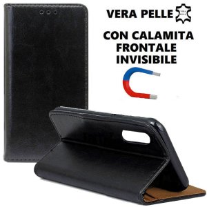 CUSTODIA per HUAWEI P20 - FLIP ORIZZONTALE VERA PELLE CON CHIUSURA MAGNETICA INVISIBILE E INTERNO IN TPU COLORE NERO