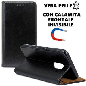 CUSTODIA per SAMSUNG GALAXY A8, A5 2018 - FLIP ORIZZONTALE VERA PELLE CON CHIUSURA MAGNETICA INVISIBILE E INTERNO IN TPU NERO