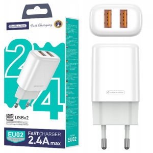 CARICATORE DA RETE 2400mAh 12W FAST CHARGING CON 2 PORTE USB COLORE BIANCO EU02 JELLICO