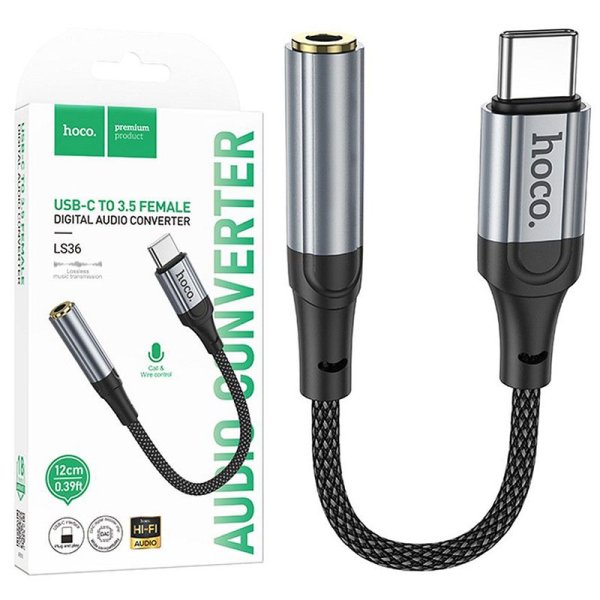 ADATTATORE DA TYPE-C MASCHIO A JACK 3,5mm FEMMINA per DISPOSITIVI CON ENTRATA TYPE-C CAVO IN TESSUTO 12CM NERO LS36 HOCO
