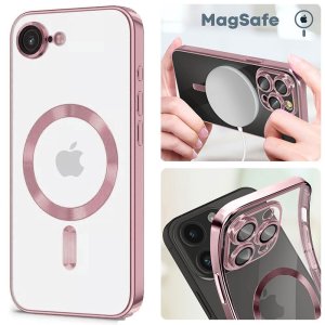 CUSTODIA per APPLE IPHONE 16e IN TPU A 360° (COMPRESE FOTOCAMERE) DETTAGLI ROSA CROMATI - COMPATIBILE CON RICARICA MAGSAFE