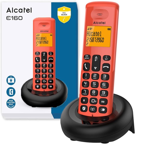 CORDLESS ALCATEL E160 CON TASTO DIRETTO BLOCCO CHIAMATE, DISPLAY ALFANUMERICO RETROILLUMINATO E FUNZIONE VIP ROSSO E NERO CORDLESS ALCATEL E160 CON TASTO DIRETTO BLOCCO CHIAMATE, DISPLAY ALFANUMERICO RETROILLUMINATO E FUNZIONE VIP ROSSO E NERO