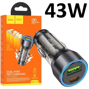 CARICATORE AUTO 43W CON 1 PORTA TYPE-C (PD 25W) + 1 PORTA USB (QC3.0 18W) FAST CHARCING NERO TRASLUCIDO