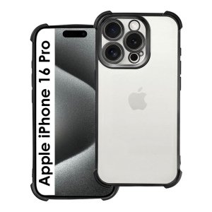 CUSTODIA per APPLE IPHONE 16 PRO (6.3") IN TPU SILICONE CON BORDI RINFORZATI E DETTAGLI NERI CROMATI