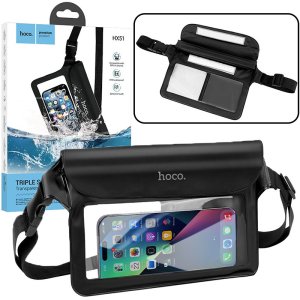 CUSTODIA A MARSUPIO IN PVC SUBACQUEA IPX8 CON AMPIA TASCA PORTA OGGETTI PER SMARTPHONE, CHIAVI E CINTA REGOLABILE NERO HX51 HOCO