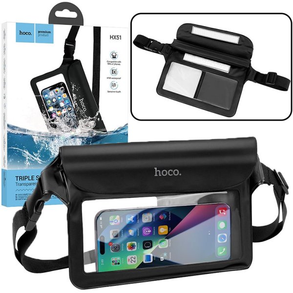 CUSTODIA A MARSUPIO IN PVC SUBACQUEA IPX8 CON AMPIA TASCA PORTA OGGETTI PER SMARTPHONE, CHIAVI E CINTA REGOLABILE NERO HX51 HOCO CUSTODIA A MARSUPIO IN PVC SUBACQUEA IPX8 CON AMPIA TASCA PORTA OGGETTI PER SMARTPHONE, CHIAVI E CINTA REGOLABILE NERO HX51 HOCO